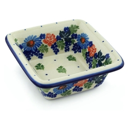 Polish Pottery 4.5" Square Bowl. Hand made in Poland and artist initialed.