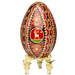 This beautifully designed and executed goose egg is hand painted by our artist from Canada using the traditional batik method. The egg has been emptied through two small holes at each end of the egg.