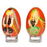 Deluxe wooden chickn egg size Easter eggs from Poland. Hand painted set featuring Krakow boy and girl in their colorful traditional costumes. Costumes details will vary slightly.
Note: Stands sold separately.
