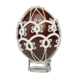 This beautifully designed chicken egg is painted and surrounded in a tatted design. Stand sold separately.