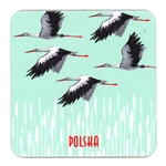 This cork backed coaster features a flight of Bociany (Storks). Coated with plastic for long wear and easy cleanup.