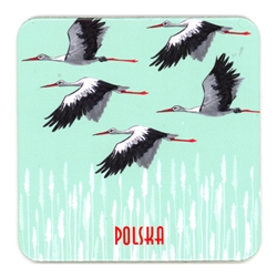 This cork backed coaster features a flight of Bociany (Storks). Coated with plastic for long wear and easy cleanup.