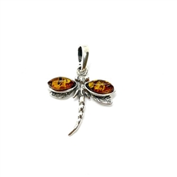 Cognac Amber Sterling Silver Dragonfly Pendant. Marquise-shape amber stones set in .925 sterling silver. Genuine Baltic amber pendant Size Approx 1" x 0.75"