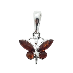Cognac Amber Sterling Silver Butterfly Pendant. Marquise and round-shaped amber stones set in .925 sterling silver. Genuine Baltic amber.   Size Approx 0.75" x 0.5"