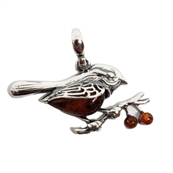 Cognac Amber Sterling Silver Bird On Twigs Pendant. Cognac amber stones set in .925 sterling silver. Genuine Baltic amber pendant jewelry. Size Approx 1" x 1.25"