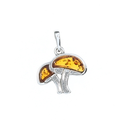 Baltic Amber Sterling Silver Mushrooms Pendant 1"