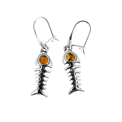 Fish Bone Cognac Amber Sterling Silver Earrings On Hooks. Round-shaped amber stones set in .925 sterling silver. Genuine Baltic amber. Size is approx 1.5" x 0.35"