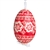 This beautifully designed egg is dyed one color, then white wax is melted and applied to form an intricate design which is left on the surfce. The egg is emptied and strung with ribbon for hanging.