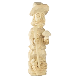 Our hand carved Polish mushroom picker is standing in front of his basket full of mushrooms while holding one in his left hand. Signed by the artist (Zawacki). Size is approx 10" x 3" x 2.5". Made In Poland.