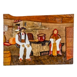 Hand carved and painted. Pictures a typical Mountaineer kitchen from 1900.  Carved from one slab of wood (approx 19" x 14" x 1"). Very nice detail. Ready to hang. Signed by the artist (Sznajder)