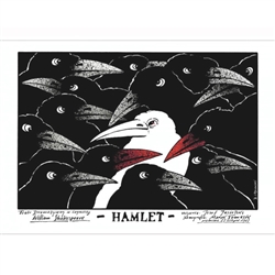 Hamlet poster designed by artist Andrzej Pagowski in 1987.  It has now been turned into a post card size 4.75" x 6.75" - 12cm x 17cm.