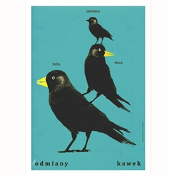 Post Card: Variety of Jackdaws, Polish Poster designed by Jakub Zasada in 2017. It has now been turned into a post card size 4.75" x 6.75" - 12cm x 17cm.