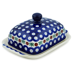 Polish Pottery 7" Butter Dish. Hand made in Poland and artist initialed.