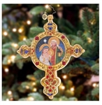 This gleaming golden cross features the beautiful scene of baby Jesus, Mary, and Joseph â€“ a piece that celebrates the beauty of Christmas.
DIMENSIONS: 5.25 in (H) x 4.5 in (L) x 1 in (W)