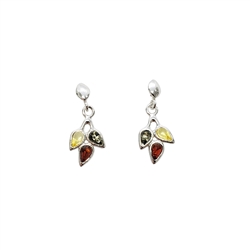 Leaf Multi-Color Amber Sterling Silver Post Dangle Earrings. Teardrop-shaped amber stones set in .925 sterling silver. Genuine Baltic amber. Size is approx 1" x 0.5"