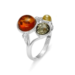 Multi color Amber/Sterling Silver Ring. Round shaped amber stones set in .925 sterling silver. Front size is approx. 0.6" x 0.5".