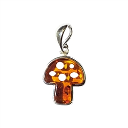 Amber Sterling Silver Mushroom Pendant. Cognac amber stone set in .925 sterling silver. Genuine Baltic amber pendant jewelry.  Size Approx 1" x 0.6"