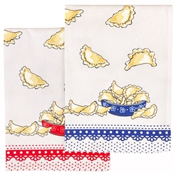 This beautiful 100% cotton printed over-sized kitchen towel features an attractive Pierogi design.  Available in either red or blue.  Size approx 24" x 18". Made In Poland