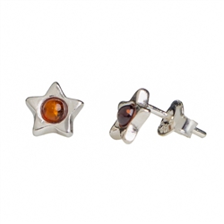 Baltic Amber And  Silver Stud Star Earrings 0.25" Cognac