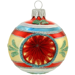 Reflect on the beauty of Christmas with this gorgeous flower and stripe design! Hand-painted in eye-catching hues of red, silver, aqua, white, and green, our 2Â¾" tall glass reflector ornament features an indented reflector at its center to mirror light