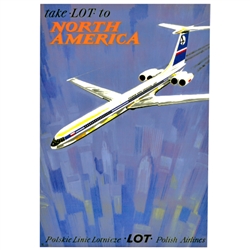 Post Card:  Take  LOT to North America, Polish Poster designed by Janusz Grabianski in 1971. It has now been turned into a post card size 4.75" x 6.5" - 11.7cm x 16.5cm.