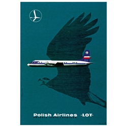 Post Card: Polish Airlines LOT, Polish Poster designed by Maciej Hubner in 1961. It has now been turned into a post card size 4.75" x 6.5" - 11.7cm x 16.5cm.