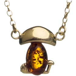 Cognac Amber Gold Plated Silver Mushroom Necklace 18"