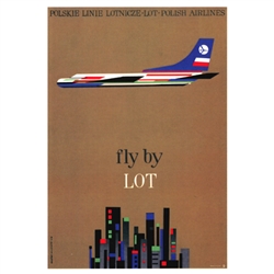 Magnet: Polish Airlines LOT, Polish Poster designed by Hubert Hilscher in 1962.. It has now been turned into a post card size 3.25" x 2.25" - 18cm x 15.5cm.