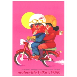 Magnet: Motorcycles only from WSK Polish Poster designed by Marek Mosinski in 1971.  It has now been turned into a post card size 3.25" x 2.25" - 18cm x 15.5cm.