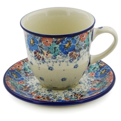 Polish Pottery 10 oz Cup with Saucer. Hand made in Poland. Pattern U4708 designed by Maria Starzyk.