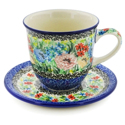 Polish Pottery 10 oz Cup with Saucer. Hand made in Poland. Pattern U4863 designed by Teresa Liana.