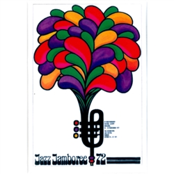 Magnet:  Jazz Jamboree Poster designed by Hubert Hilscher in 2022. It has now been turned into a magnet size 3.25" x 2.25" - 18cm x 15.5cm.