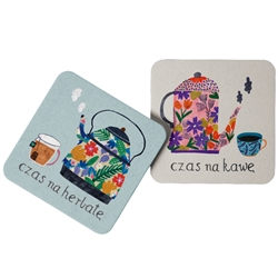 This cork backed coaster suggests: Time for coffee, Time for tea. Coated with plastic for long wear and easy cleanup.