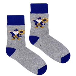 Grey, blue and mustard socks with the friendly Wroclaw gnome holding a flower. They are made of 80% combed cotton. We like to be washed at a temperature of up to 86Â°F. We do not like dryers and dry cleaning.