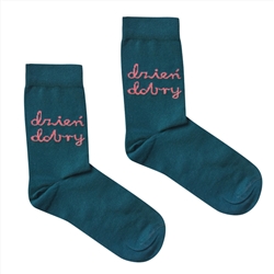 Forest Green socks with the Polish greeting "Good Day". They are made of 80% combed cotton. We like to be washed at a temperature of up to 86Â°F. We do not like dryers and dry cleaning.