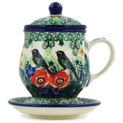 Polish Pottery 8 oz. Herbal Mug, Infuser and Plate. Hand made in Poland. Pattern U2990 designed by Maria Starzyk.