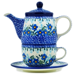 Polish Pottery 16 oz. Personal Teapot Set. Hand made in Poland and artist initialed.