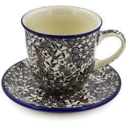 Polish Pottery 10 oz Cup with Saucer. Hand made in Poland. Pattern U4783 designed by Maria Starzyk.