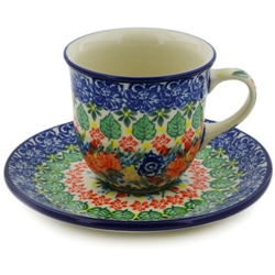 Polish Pottery 7 oz. Cup with Saucer. Hand made in Poland. Pattern U4865 designed by Maria Starzyk.