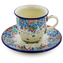 Polish Pottery 7 oz. Cup with Saucer. Hand made in Poland. Pattern U4708 designed by Maria Starzyk.