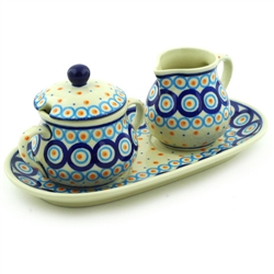 Polish Pottery 9.5" Sugar Bowl & Creamer Set. Hand made in Poland and artist initialed.