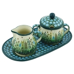 Polish Pottery 9.5" Sugar Bowl & Creamer Set. Hand made in Poland. Pattern U803 designed by Krystyna Dacyszyn.