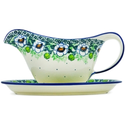 Polish Pottery 20 oz. Gravy Boat 2 piece set. Hand made in Poland and artist initialed.