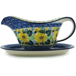 Polish Pottery 20 oz. Gravy Boat 2 piece set. Hand made in Poland. Pattern U1789 designed by Wirginia Cebrowska.