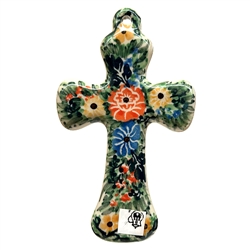 Polish Pottery 5" Cross. Hand made in Poland. Pattern U2974 designed by Teresa Andrukiewicz.