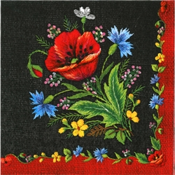 Polish Folk Art Luncheon Napkins (package of 20)  'Maki Mountain  Embroidery  on Black' - Poppies