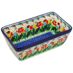 Polish Pottery 8" Loaf Pan. Hand made in Poland. Pattern U3784 designed by Krystyna Dacyszyn.