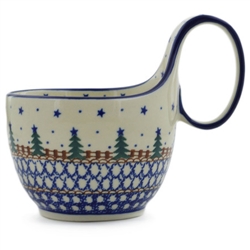 Polish Pottery 14 oz. Soup Bowl with Handle. Hand made in Poland and artist initialed.