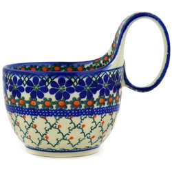 Polish Pottery 14 oz. Soup Bowl with Handle. Hand made in Poland and artist initialed.