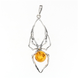 Cognac Amber Sterling Silver Spider Pendant 2"